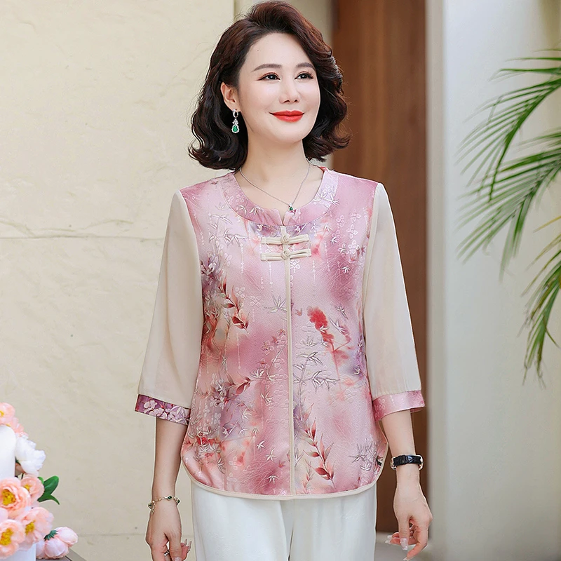2025春夏季国风盘扣中袖中老年女士小衫妈妈T恤