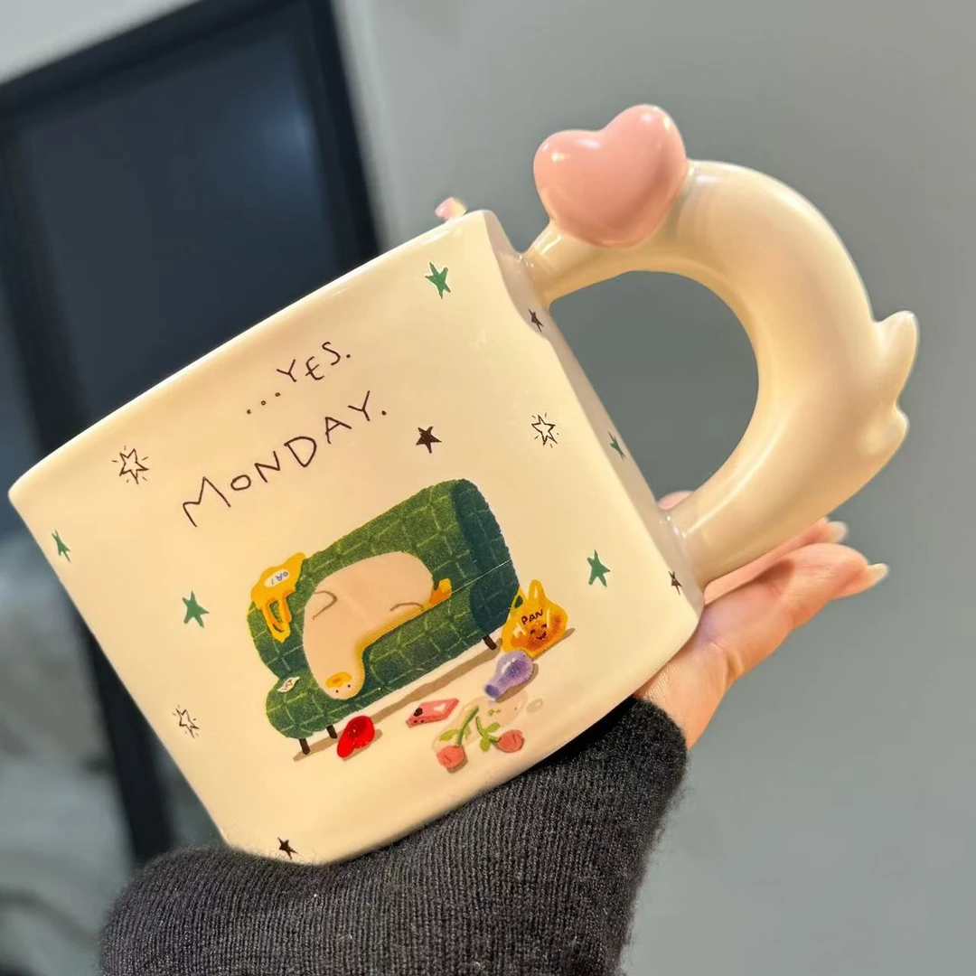 【圆和圈】出口尾单 插画师联名 摆烂鸭马克杯 喝水杯爱心把手