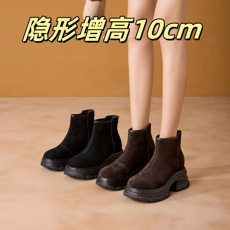 内增高10cm马丁靴女2025冬季新款复古厚底短靴粗跟超火时尚瘦瘦靴