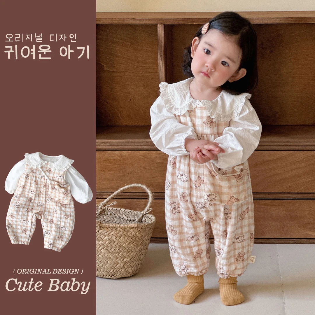 【春款】女宝宝洋气背带裤婴儿公主卡通碎花连体春装外出套装