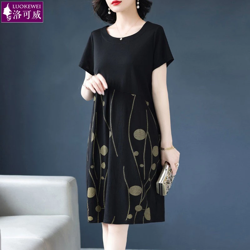 胖妈妈连衣裙中年新款加肥加大码洋气中老年女夏季直筒裙子中长款