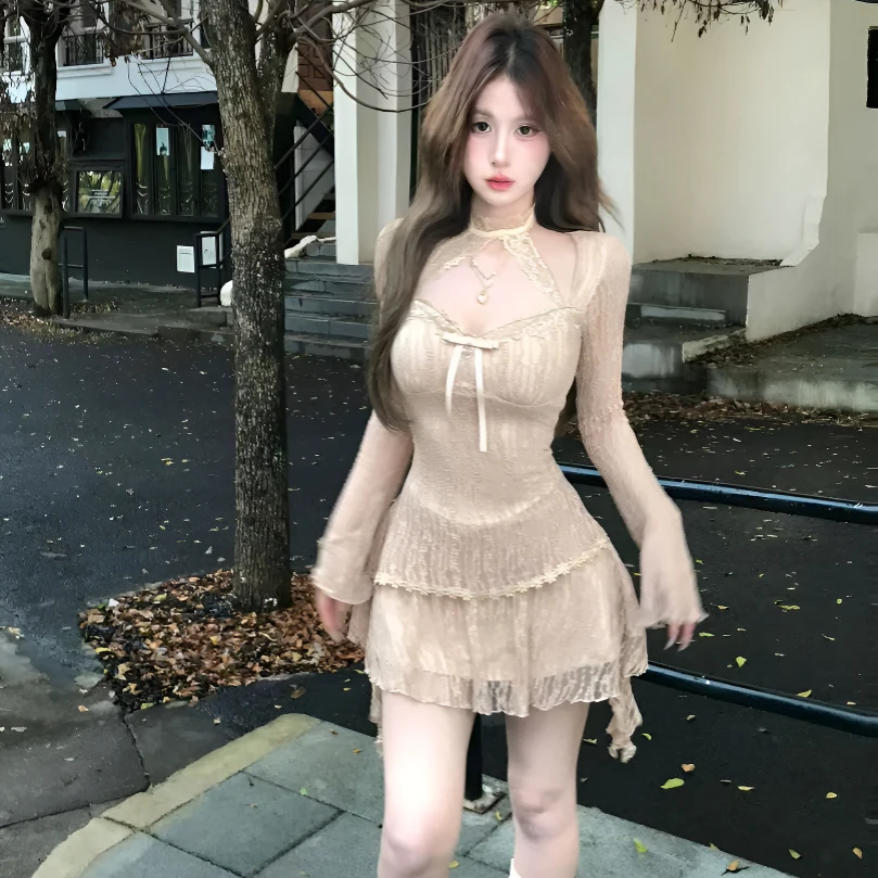 Mejiu蜜九醒秋集挂脖蕾丝性感纯欲连衣裙秋蝴蝶结长袖裙子8155舞