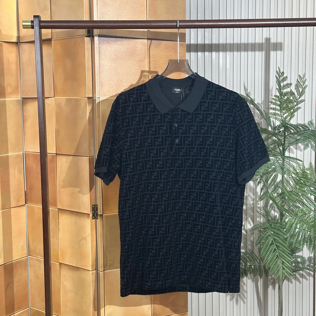 Fendi爆款黑色植绒老花满印短袖polo衫/xxl码/全新带吊/20970