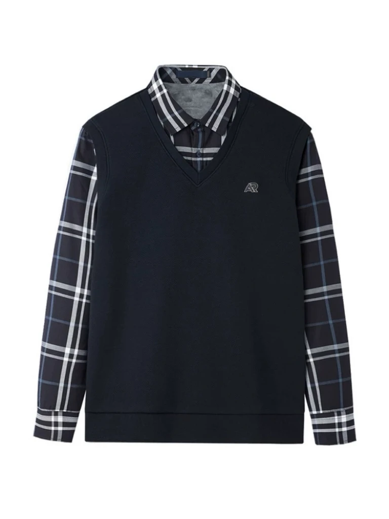 L582冬季加绒假两件男衬衣领针织衫商务保暖含莫代尔上衣