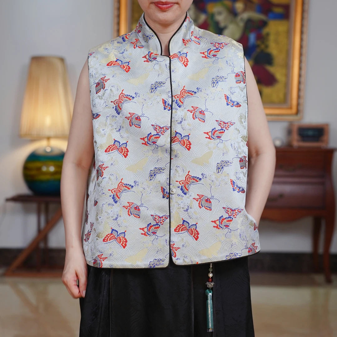 『蝴蝶』复古中式国风双面穿无袖立领中国风马甲-P4K5715