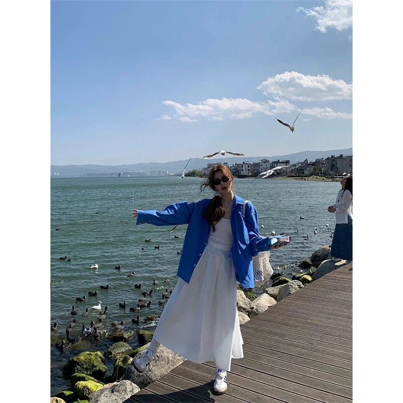 2025夏季新款纯欲辣妹慵懒百度叠穿宽松衬衣+高腰A字半身裙两件套