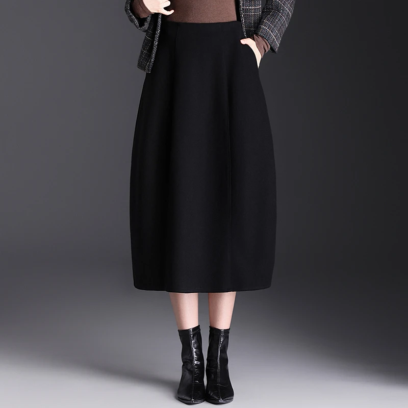 加厚灯笼裙女秋冬2025新款高腰简约时尚花苞半身裙中长遮胯休闲裙