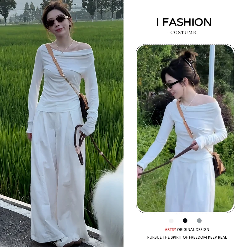 休闲设计感套装女2025年春秋新款气质女神范斜肩上衣阔腿裤两件套