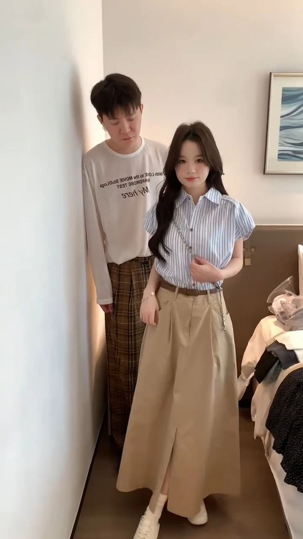 韩版通勤Polo领条纹飞飞袖衬衫女夏季2025新款宽松时尚百搭半身裙