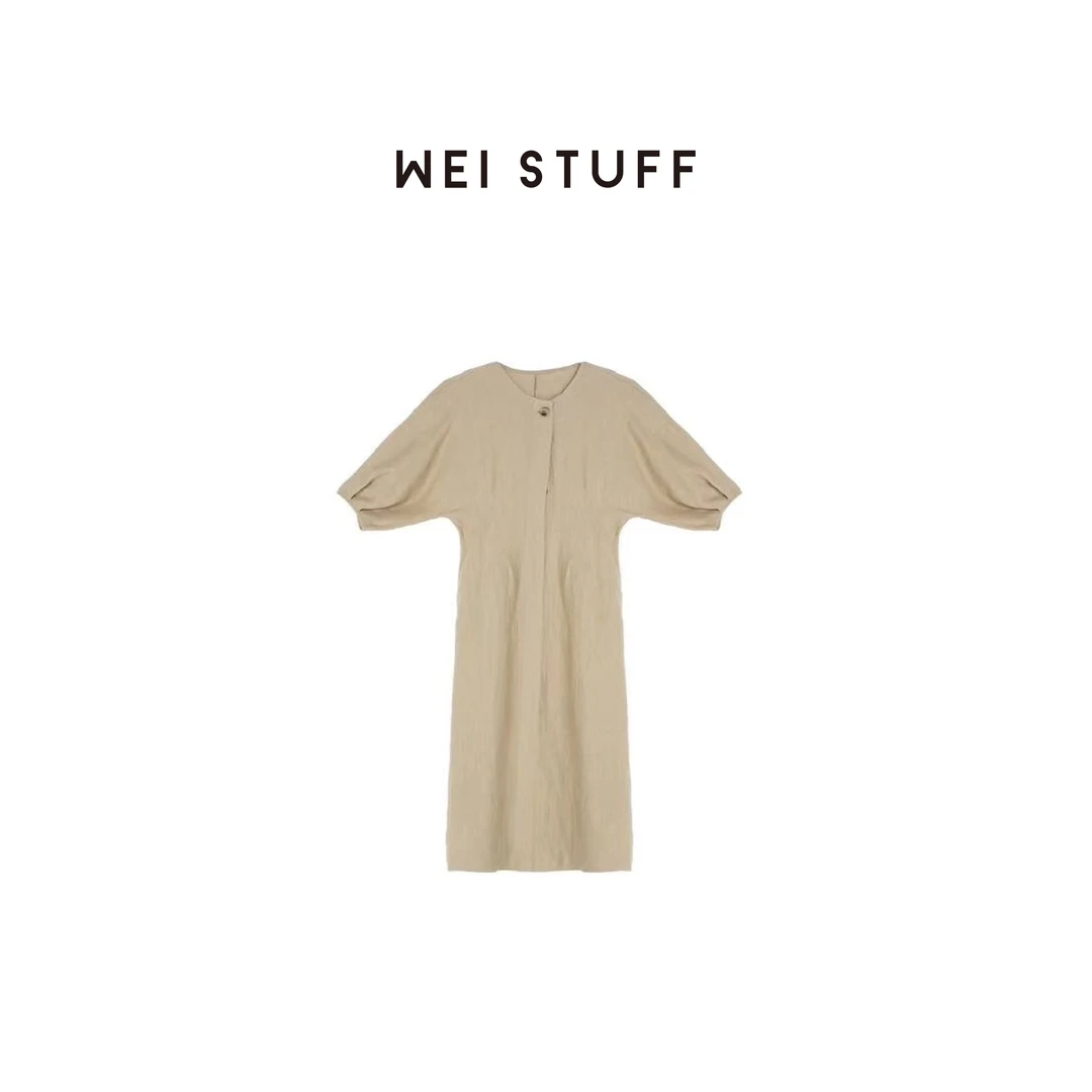WEI STUFF 100亚麻法式优雅气质简约设计感泡泡袖连衣裙 6433.