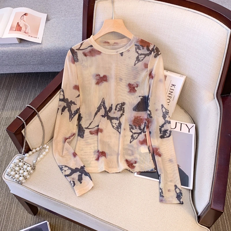 扎染洋气修身长袖圆领上衣女夏季设计感印花网纱薄款防晒罩衫T恤