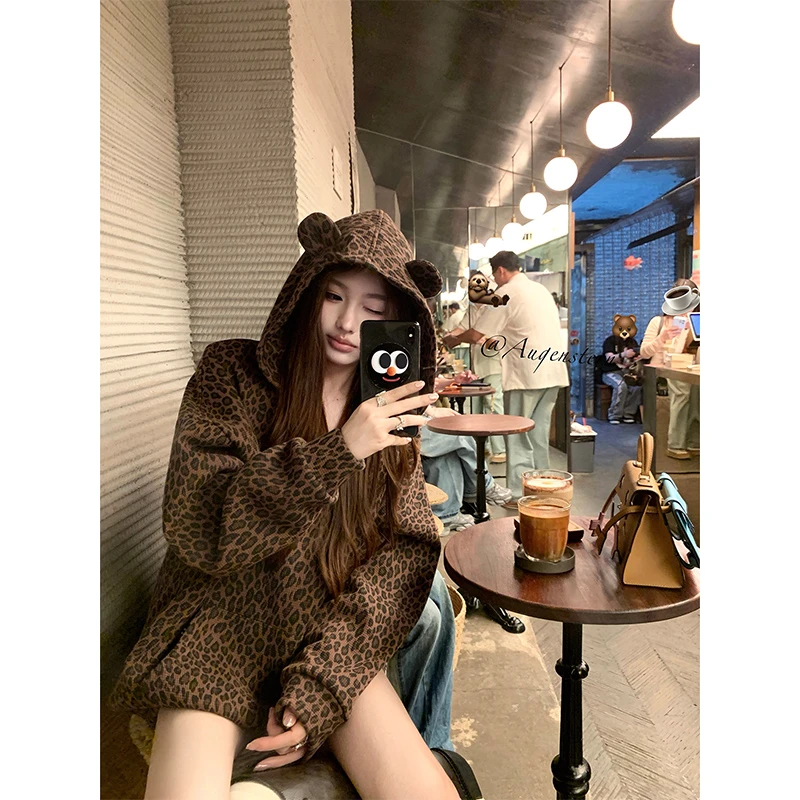 【原野豹豹】2025秋季新款美式辣妹风长袖套头豹纹连帽卫衣女