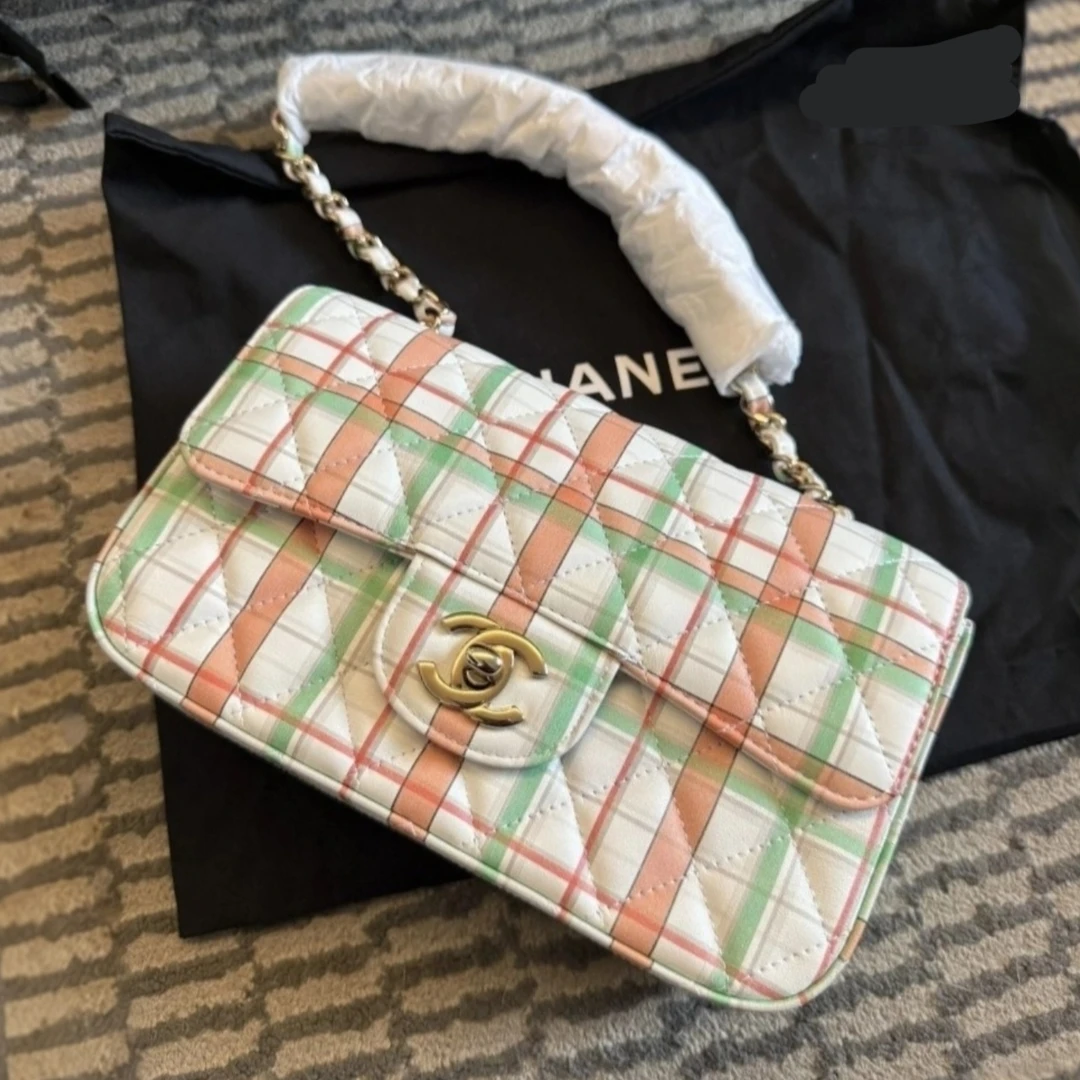 99新 Chanel/香奈儿 蔚蓝/拼色格子 CF大mini 链条斜挎包