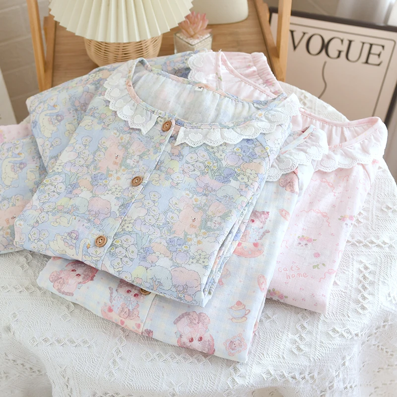 圆领花边/纯棉ins公主风韩版学生薄款宽松大码全棉甜美家居服套装