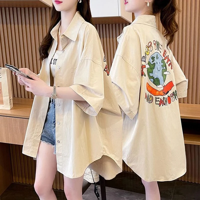 夏季纯棉休闲短袖衬衫女2025新款韩版外穿中长款polo衫百搭上衣服