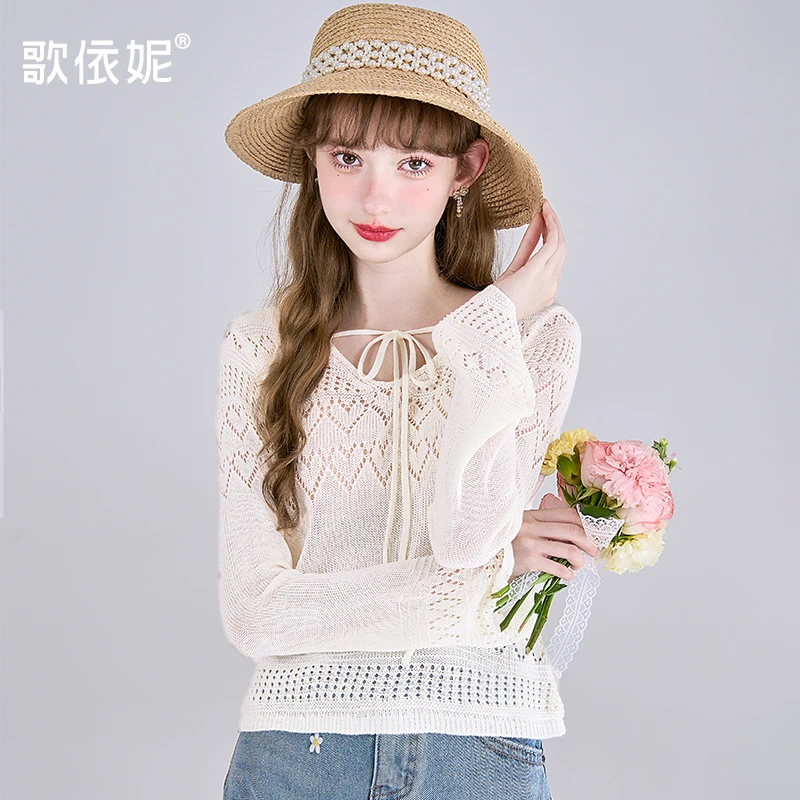 歌依妮秋季新款女甜美小个子正肩钩花镂空绑带罩衫针织衫毛衣上衣