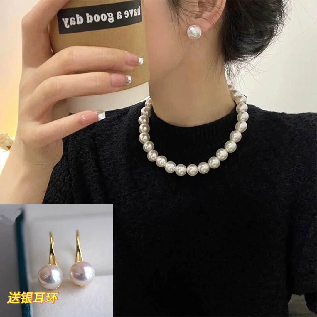 链子925银 樱花粉圆珠项链亮面全珠式脖颈链炫彩正圆强光经典百搭