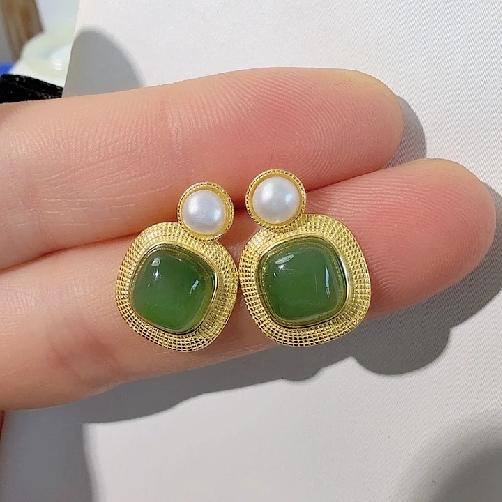 和田玉银S925镀金镶嵌耳饰