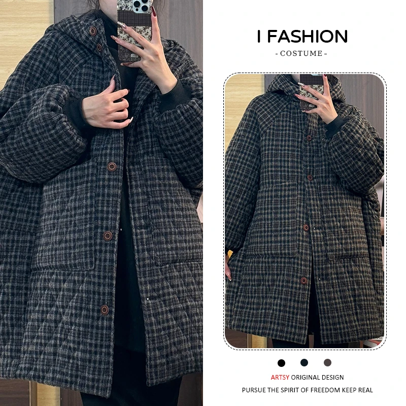 加厚复古文艺格子棉服女2025年冬季新款小个子休闲连帽大口袋棉衣