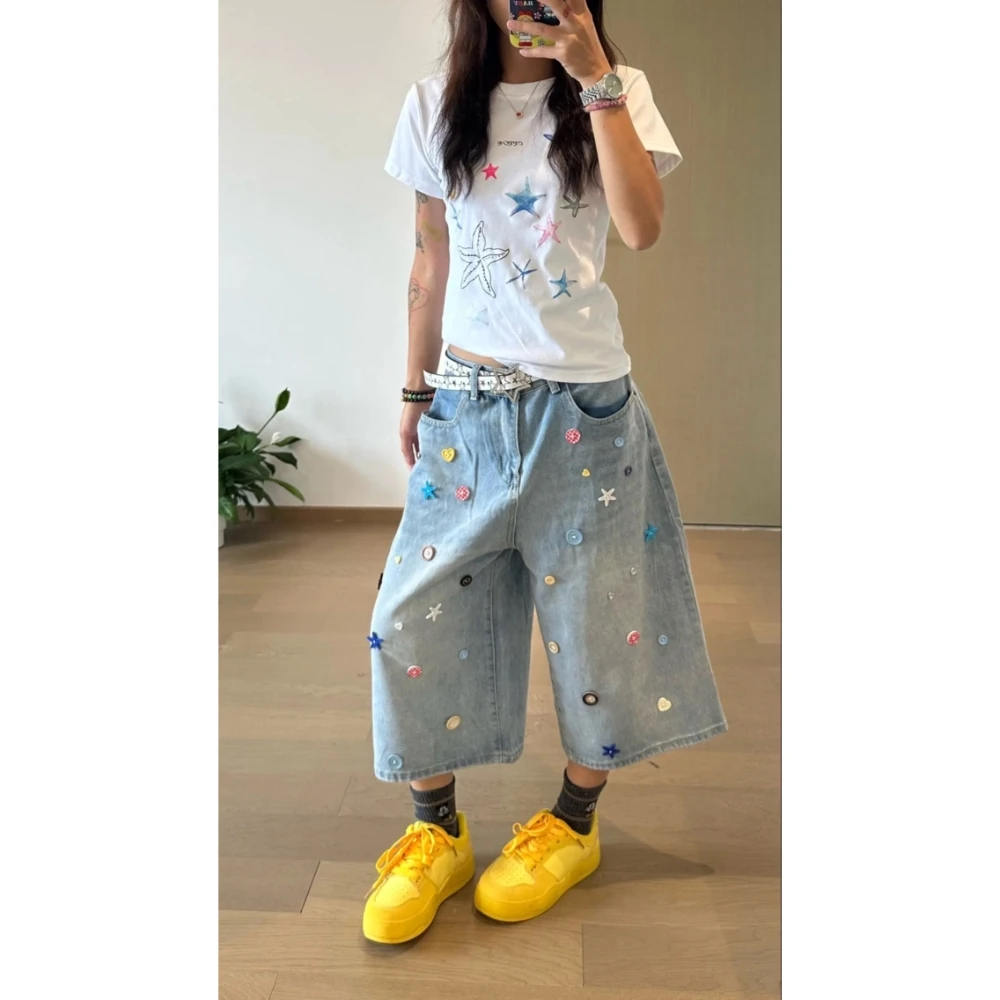 美式多巴胺慵懒小众纽扣牛仔裤女2025夏季新款高腰显瘦七分阔腿裤