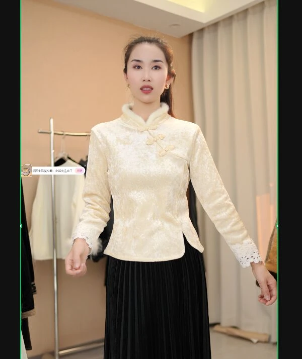 新中式国风加绒小衫上衣丝绒打底衫Y18173