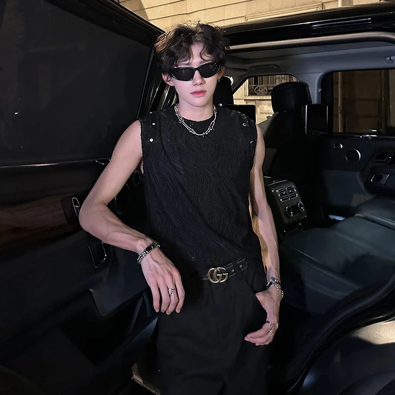黑色肌理感无袖t恤男款夏季高级感痞帅美式潮牌炸街马甲坎肩背心