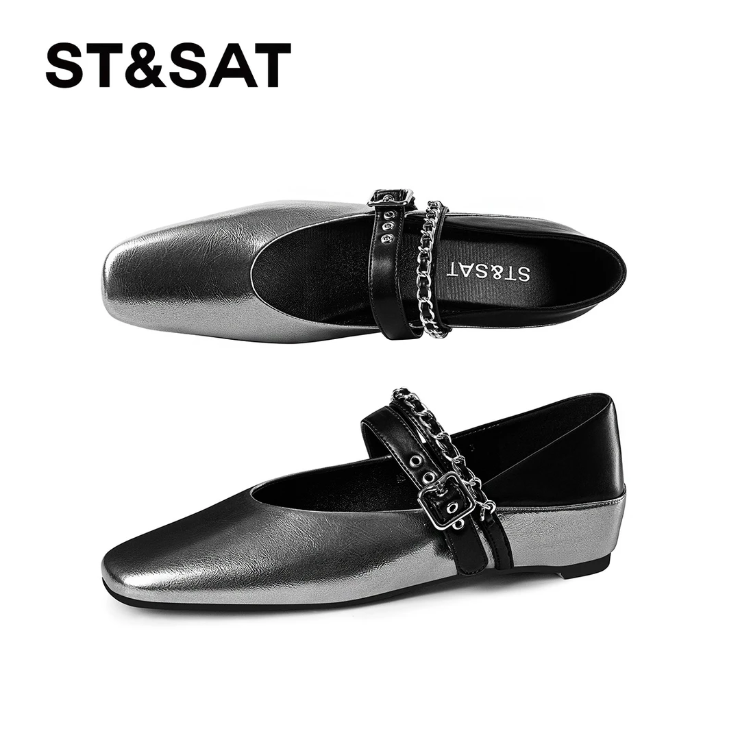 百搭休闲拼色方头链子单鞋浅口复古英伦风玛丽珍鞋