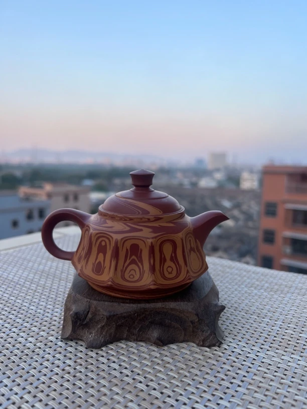 纯手工原矿朱泥绞泥切角方圆壶160 cc容量工夫茶三杯全手工