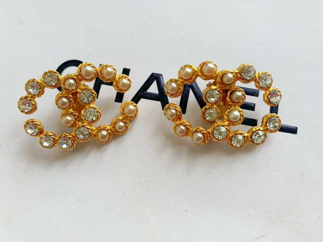 95新 Chanel/香奈儿 Chanel vintage香奈儿中古双c钻珍珠耳夹