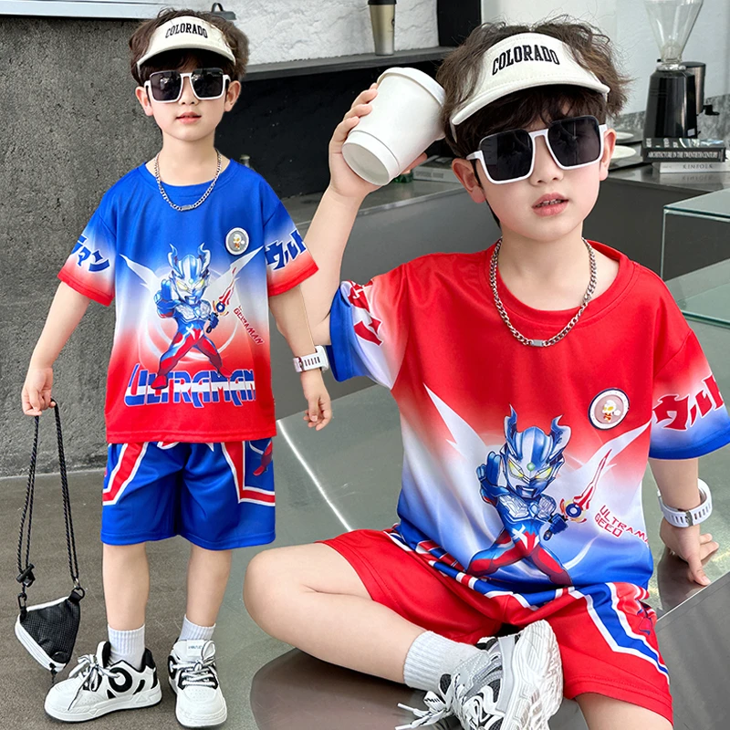 男童夏季短袖套装2025新款中小童男孩奥特曼网眼速干服男宝两件套