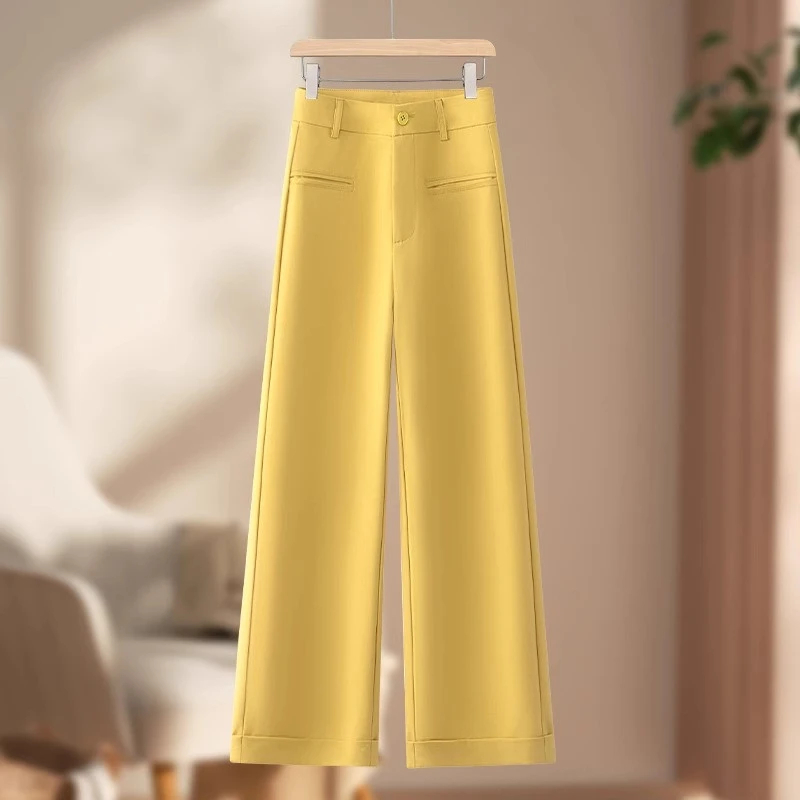 云朵宽松直筒女休闲高腰显瘦柠檬黄2025春夏直筒窄妈妈亚麻直筒裤