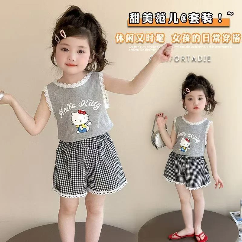 女童纯棉套装夏季2025新款洋气儿童背心格子短裤韩版两件套夏装