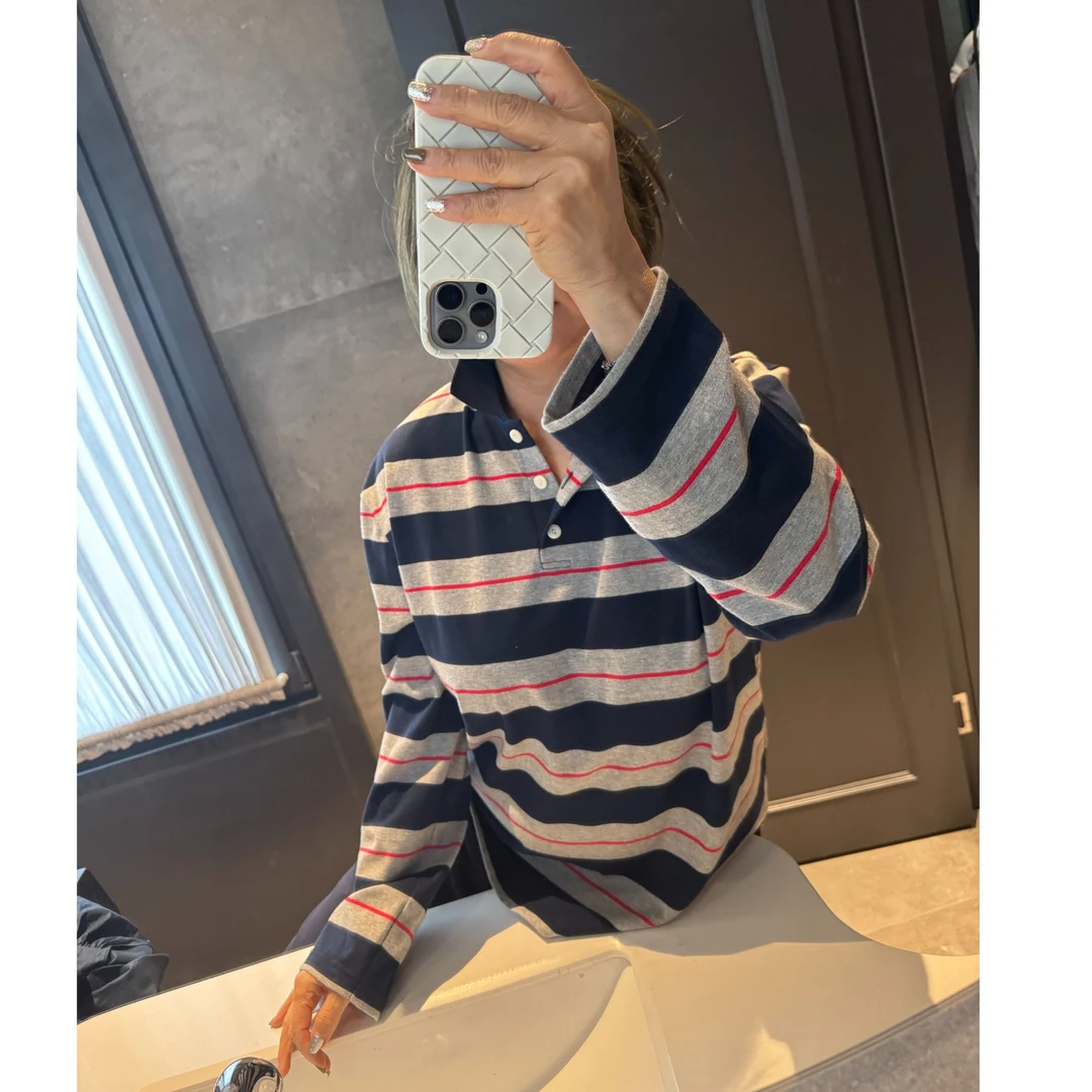 COCOLINDA| MIU 100%棉POLO廓形条纹长袖T恤 T5215