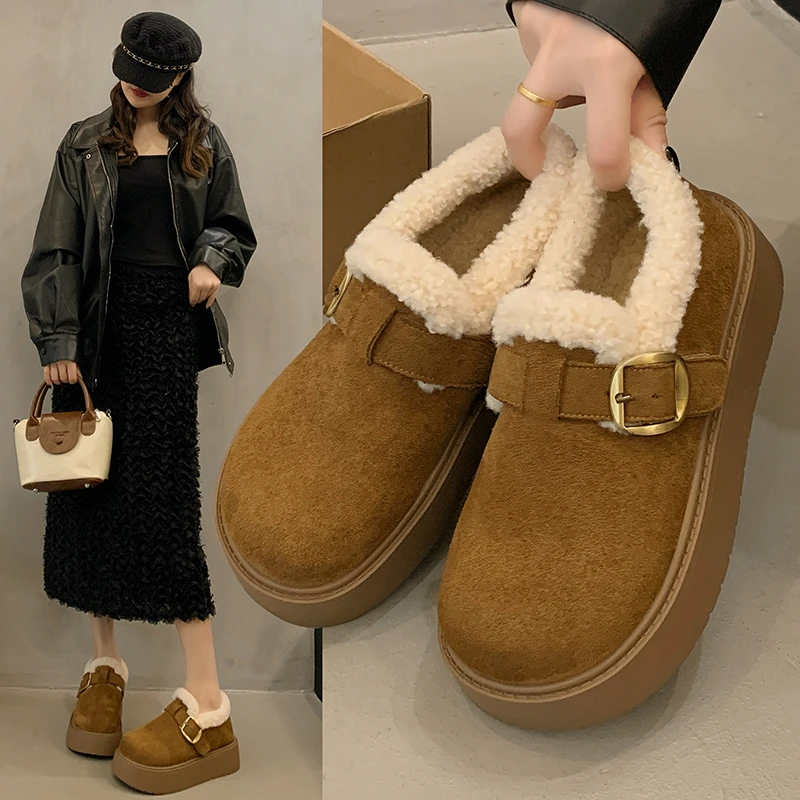 秋冬加绒一脚蹬女鞋勃肯鞋日常休闲纯色休闲风棉鞋