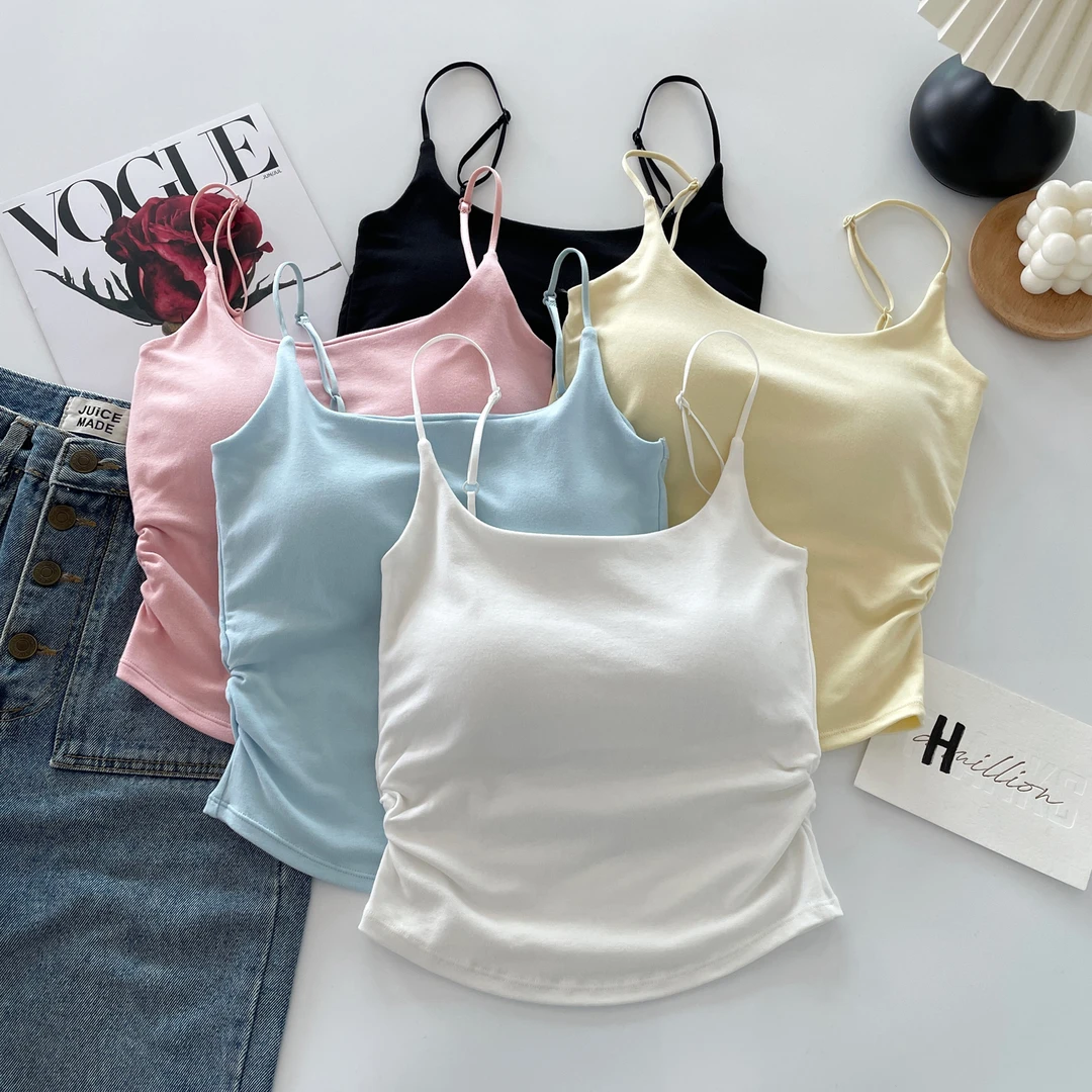 韩系设计感褶皱美背吊带背心女带胸垫显瘦外穿百搭辣妹打底上衣夏