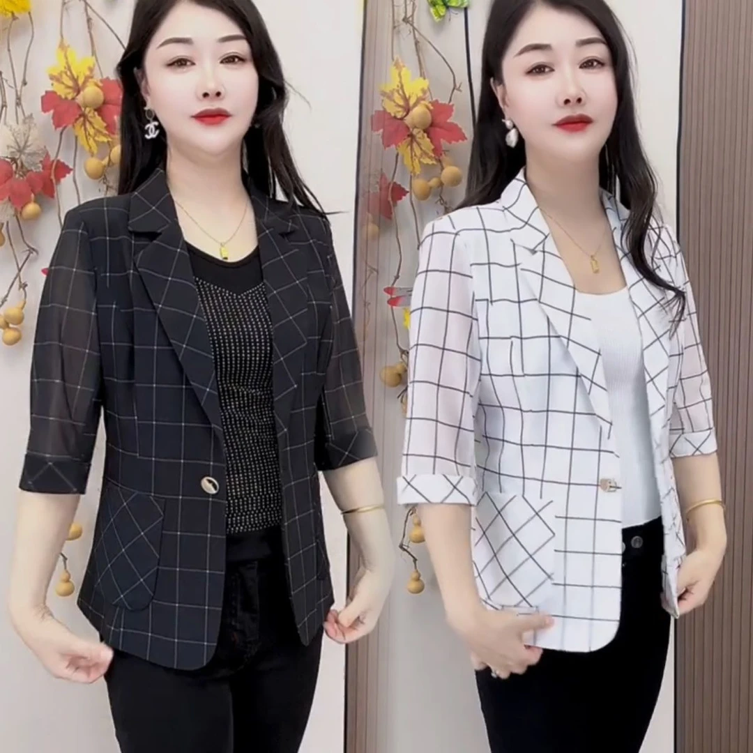 七分格子网红夏季西装新款上衣外套薄款修身显瘦百搭休闲西服防晒