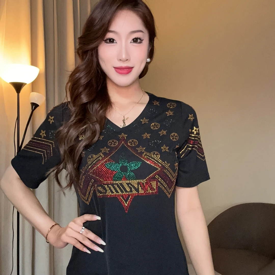 彩钻五叶草V领款百搭休闲气质时尚烫钻女装短袖3113