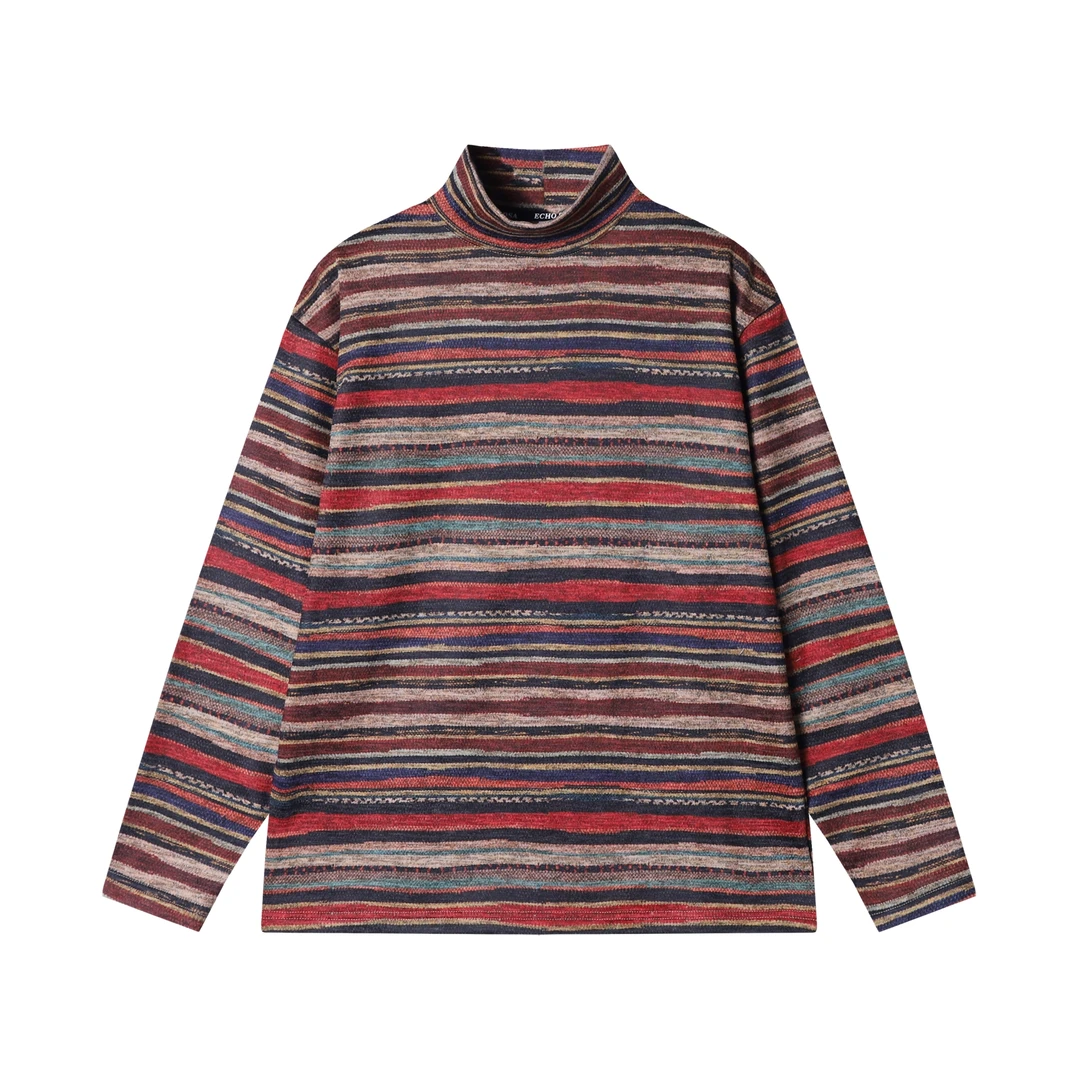 秋冬新款男士半高领套头条纹民族风设计韩版百搭日常长袖卫衣