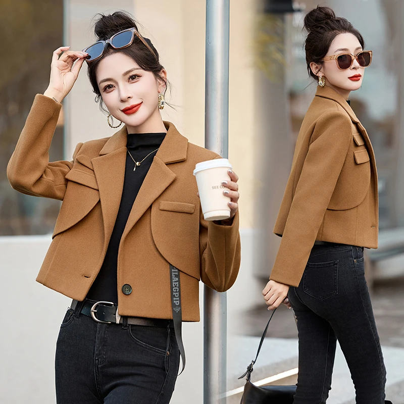 红色西装领毛呢外套女2025秋冬新款小个子修身显瘦气质短款呢大衣