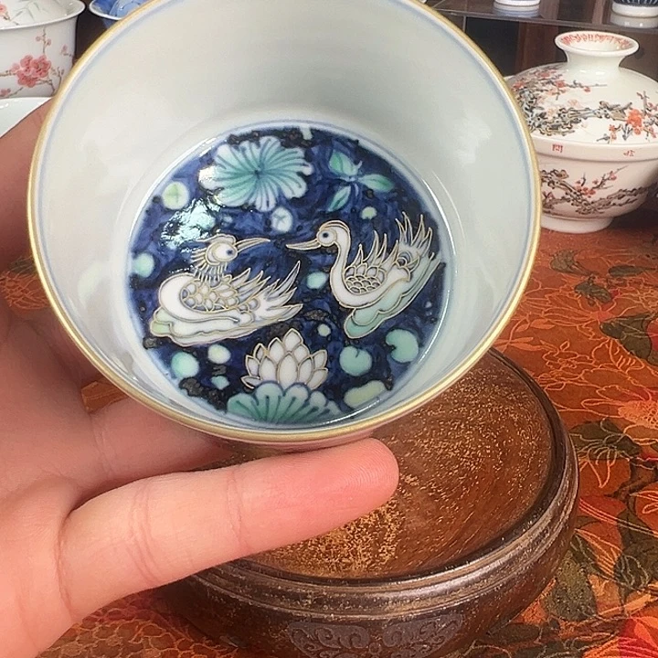 陶杯子元煦窑鸳鸯描金直口杯
