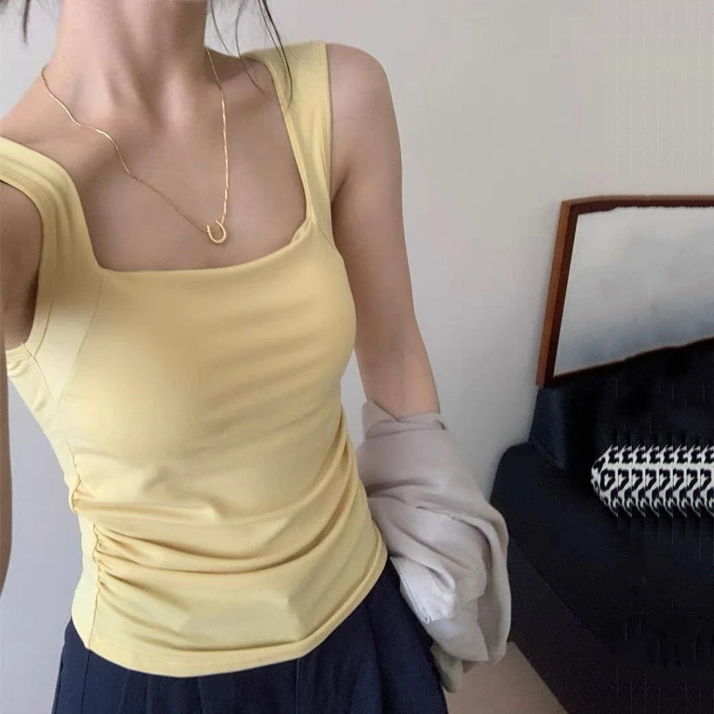 【运补】【莱赛尔天丝】内搭显瘦褶皱吊带背心带胸垫女夏季美背外穿