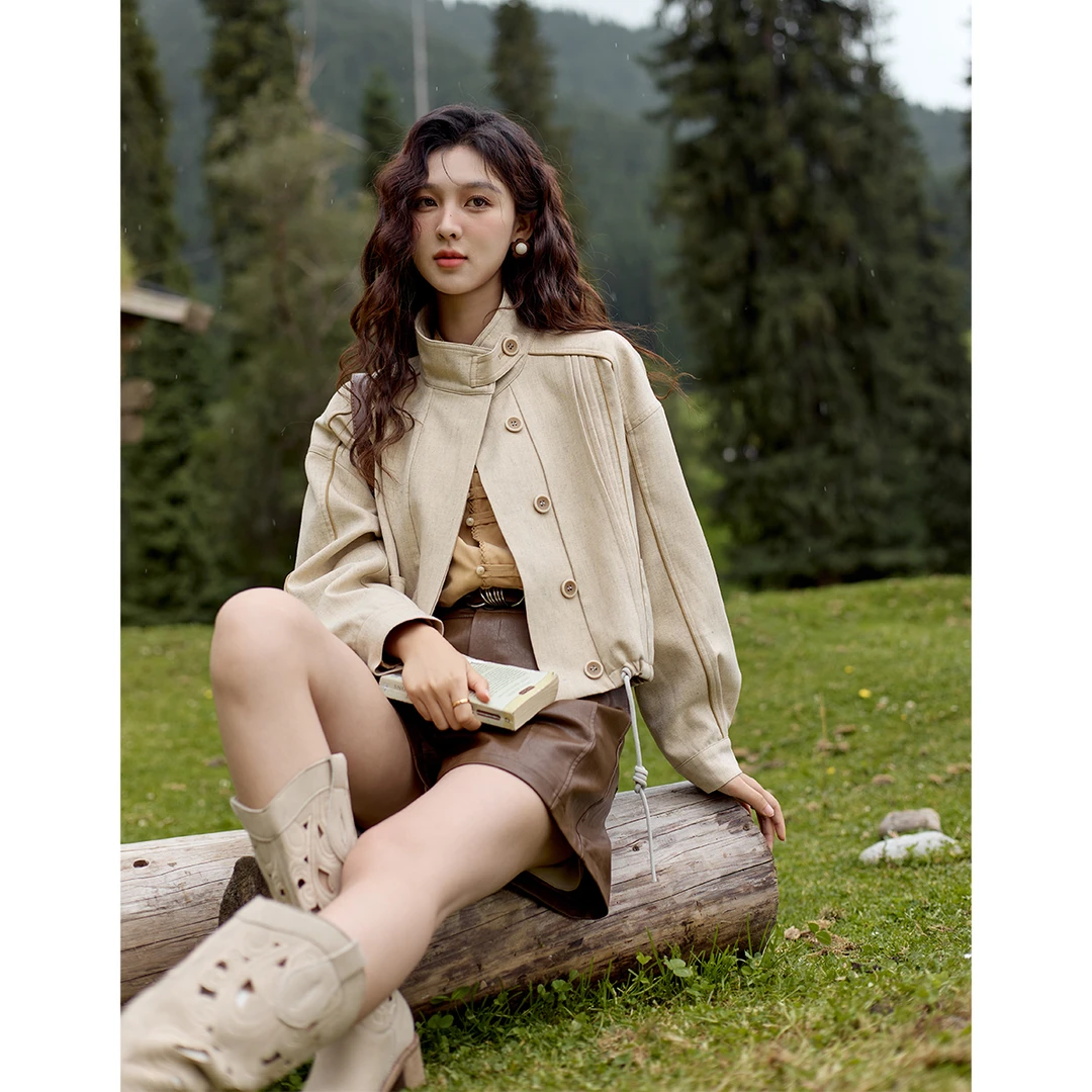 【年末大促】谜秀立领短款休闲夹克外套女2024秋季气质休闲宽松上衣