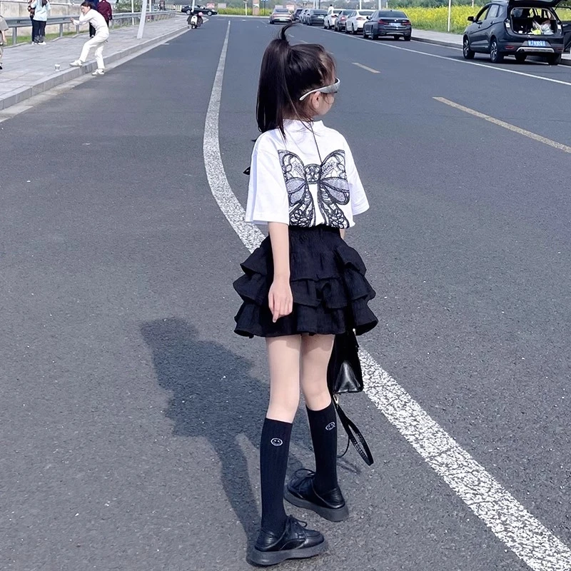 女童2025夏季新款宽松蝴蝶圆领短袖T恤高腰时髦蛋糕半身裙两件套