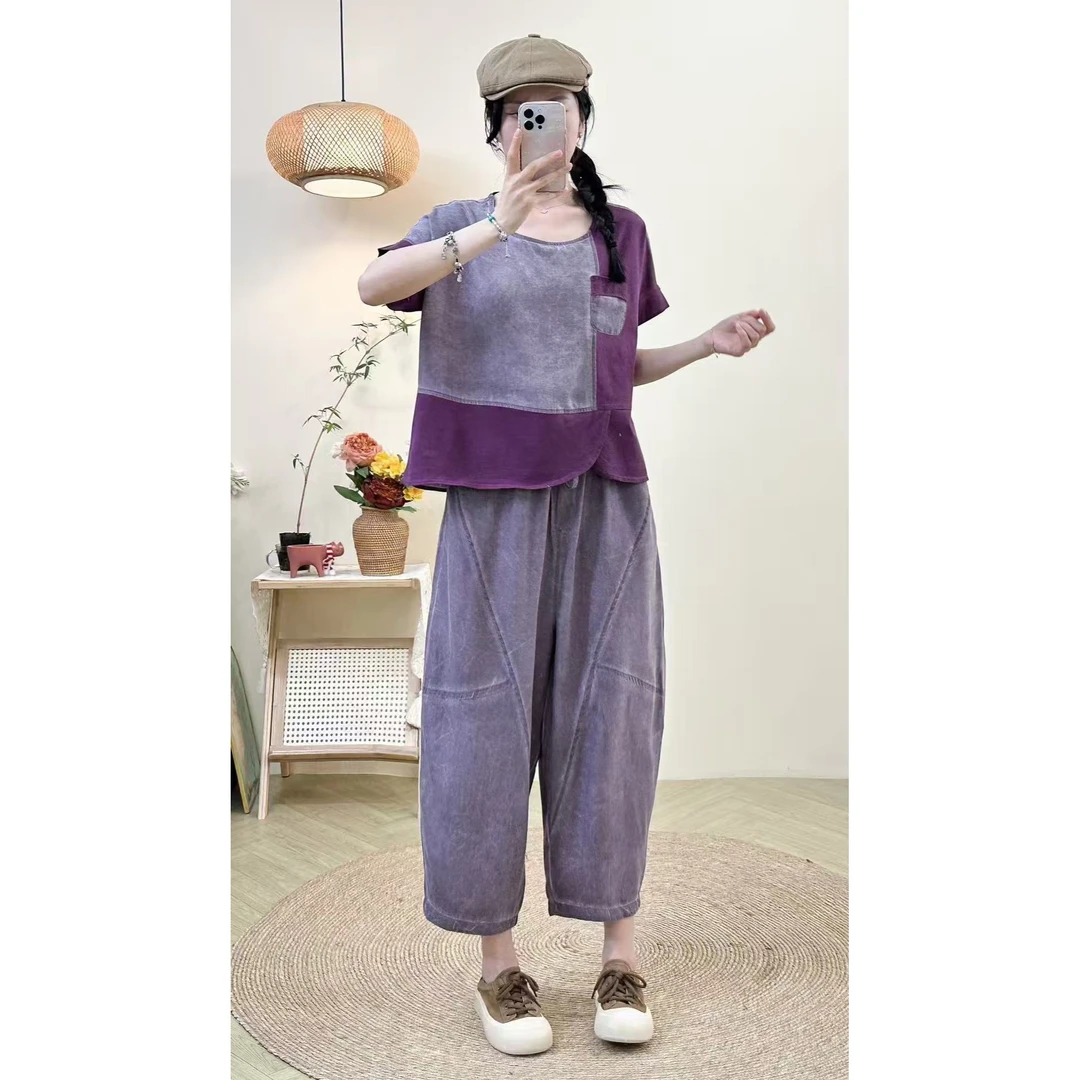 夏季新款莱赛尔天丝套装脏染工艺时尚显瘦文艺