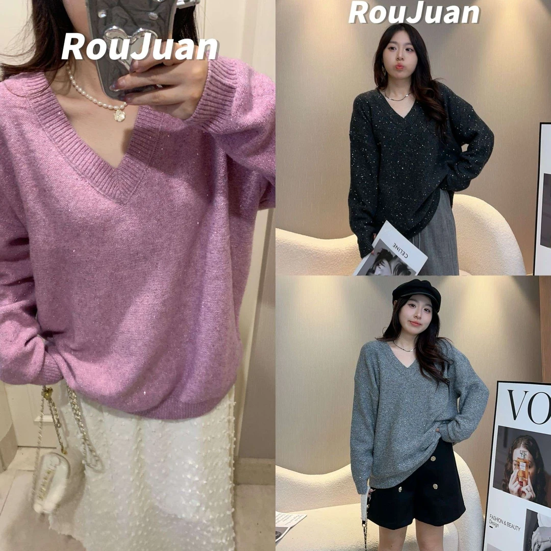 肉卷家微胖大码女装大领珠片约会胖冬慵懒感宽松针织毛衣上衣