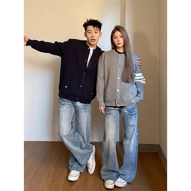 水洗蓝闪电纹男士牛仔裤春秋季美式复古情侣微喇裤cleanfit直筒裤