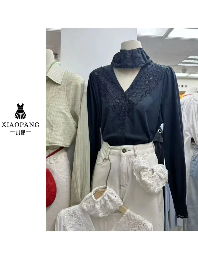 【小胖家】2199法式气质蕾丝边V领衬衫