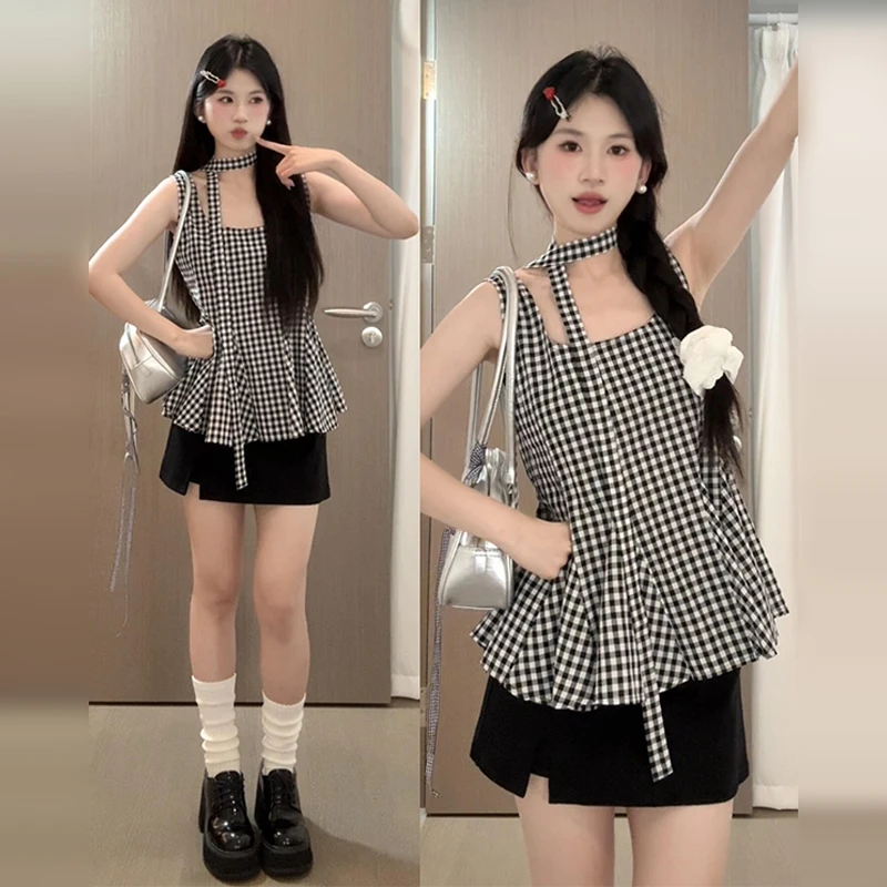 夏日ootd穿搭裙子套装女2025新款黑色半身短裙无袖上衣搭配一整套