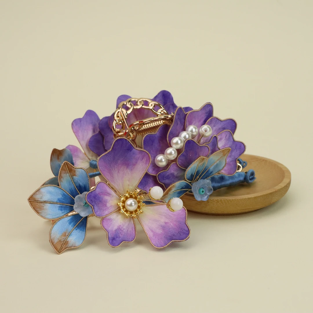 非遗绒花桑蚕丝紫牡丹蝴蝶抓夹头饰复古汉服发饰时尚