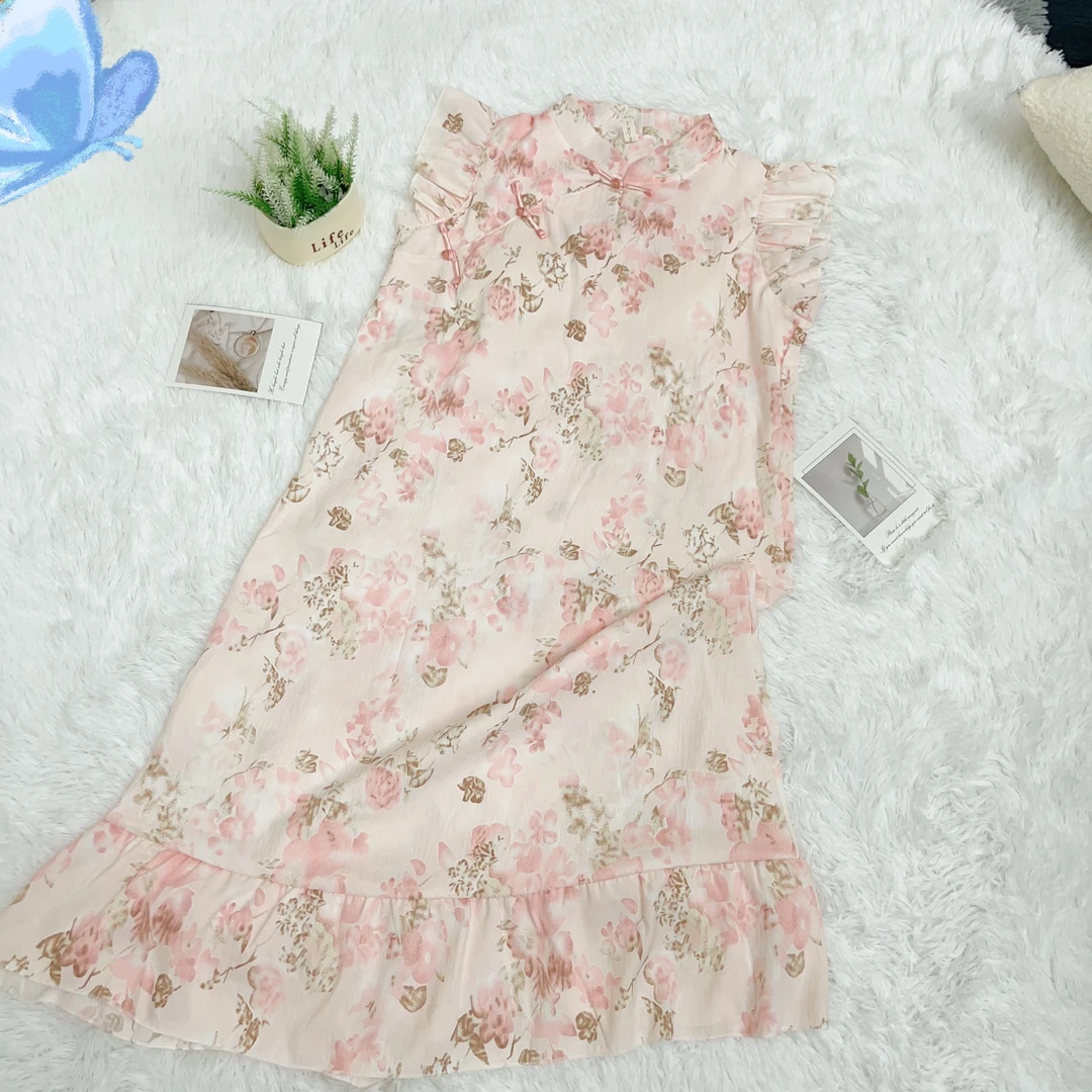 【R686】夏季清凉一夏粉色国风小飞袖睡裙+胸垫